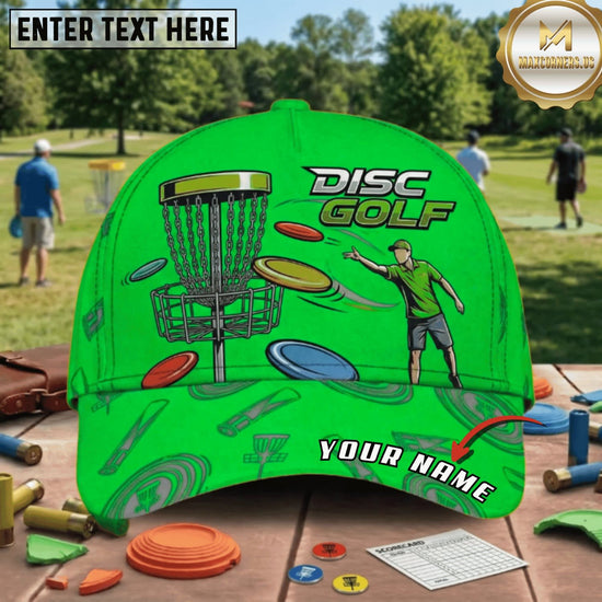 (7 Colors) Maxcorners Disc Golf Player Throwing Disc & Chain Basket Personalized Name 3D Cap LM3009