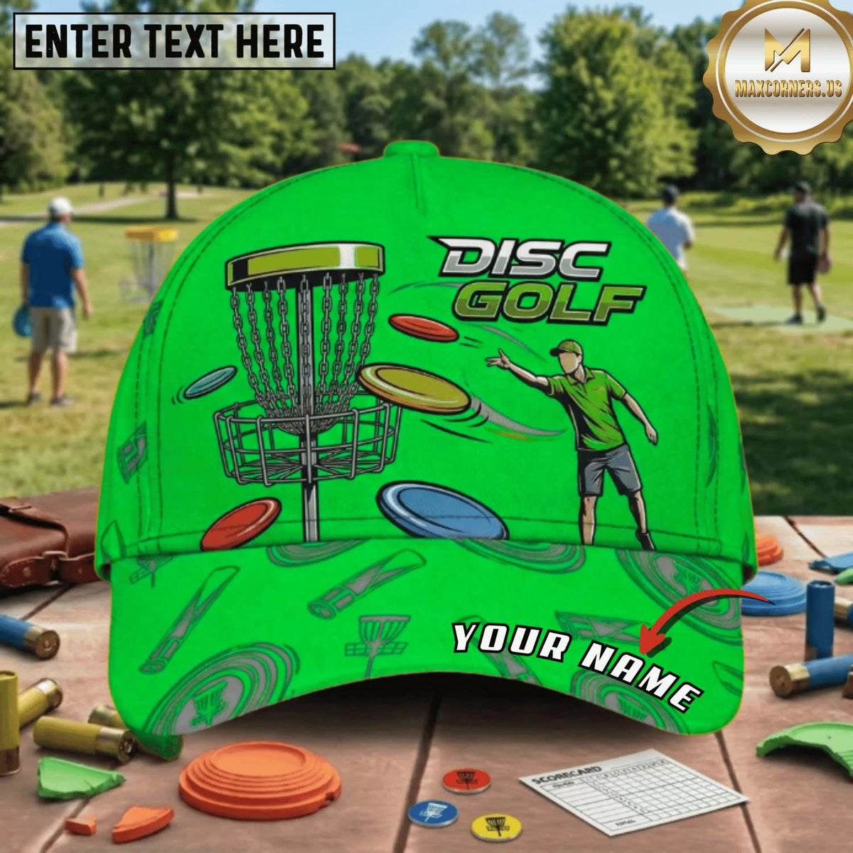 (7 Colors) Maxcorners Disc Golf Player Throwing Disc & Chain Basket Personalized Name 3D Cap LM3009