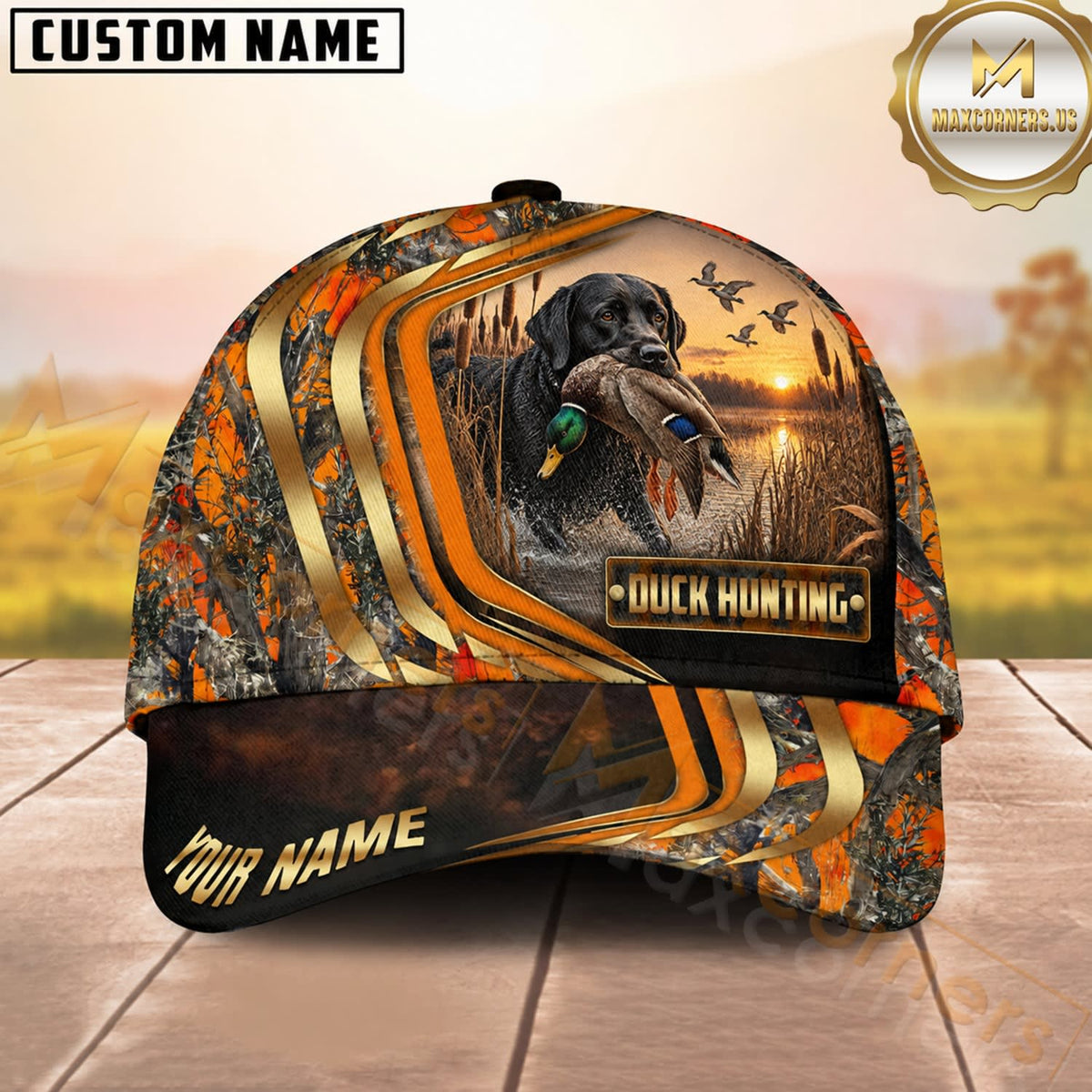 Maxcorners Dog Hunting And Duck Orange Camo Curved Stripe Marsh Scene Multiple Options Personalized Name 3D Cap