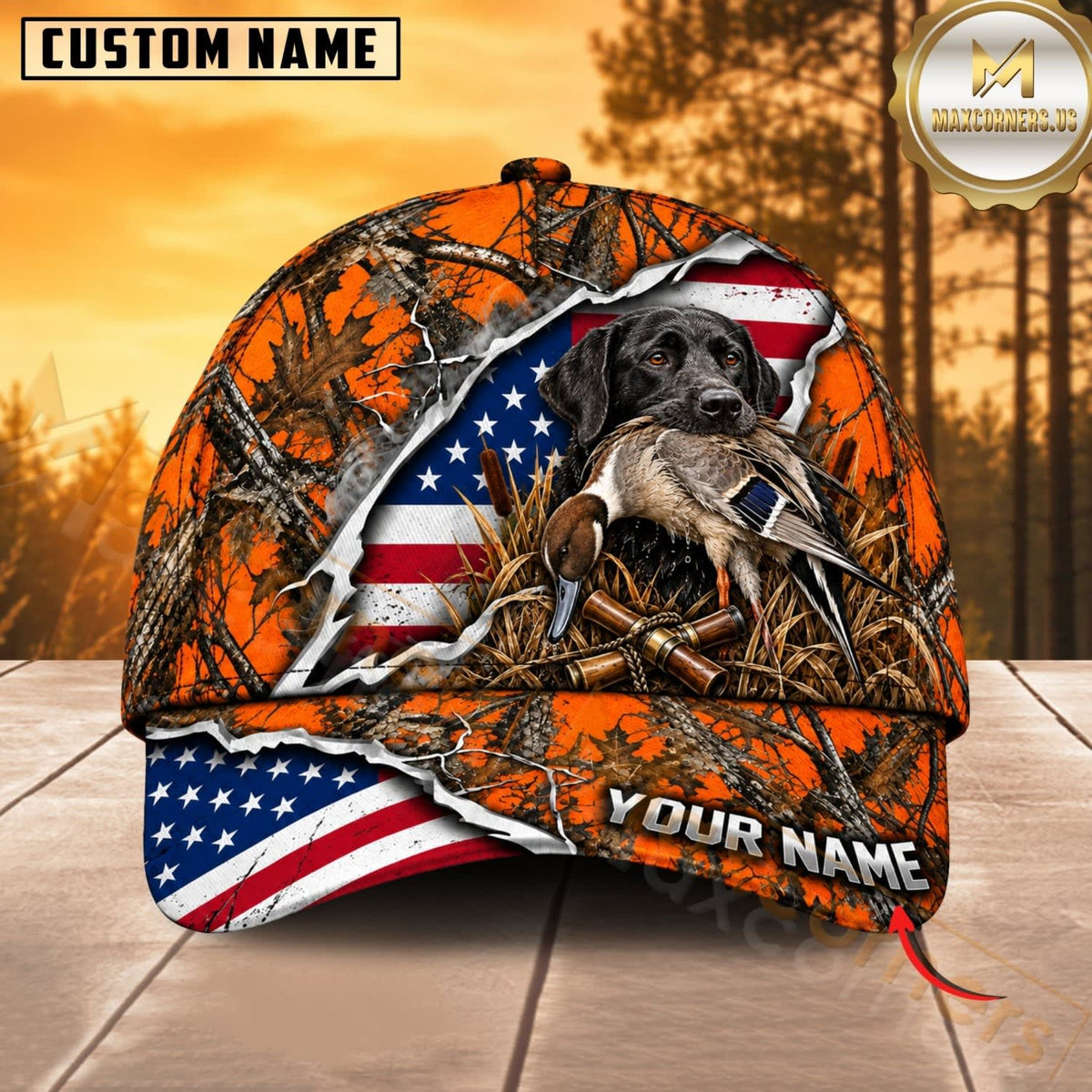 Maxcorners Dog Hunting And Duck Orange Woodland Camo American Flag Personalized Name 3D Cap
