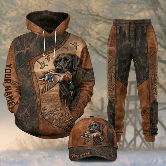 Maxcorners Duck Hunting Black Labrador Rustic Brown Leather Personalized 3D Shirts