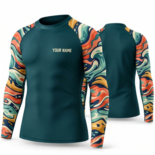 Maxcorners Personalized Retro Abstract Teal Shirt with Orange Wave Tattoo Sleeves 3D All Over Printed Shirts, Best Gifts for Art Lovers