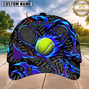 Maxcorners Tennis Blue Fire Ball Tribal Pattern Personalized Name 3D Cap