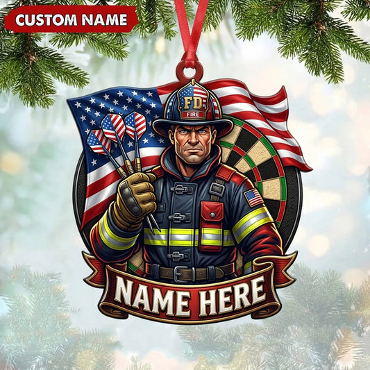Maxcorners Darts Lover Firefighter Hero Mascot, American Flag, Target Board Banner Personalized Name Ornament 2D Flat