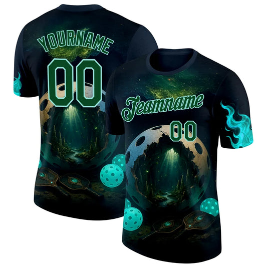 Maxcorners Glowing Fantasy Cave Inside Pickleball Ball Mystic Green Cyan Flame Personalized Name 3D Unisex Shirt