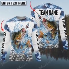 Maxcorners Walleye Fishing Water Blue Camo Personalized Name, Team Name 3D Long Sleeve Shirt