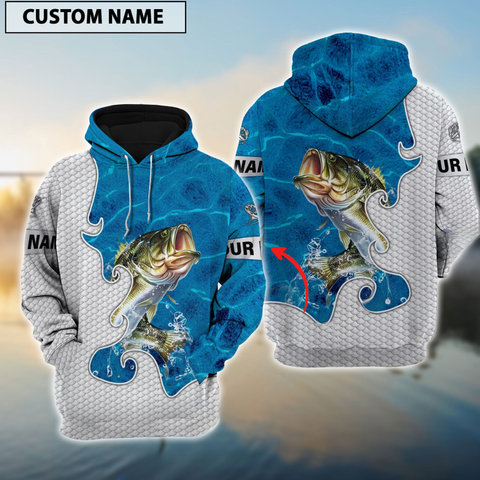 Maxcorners Bass Fishing Blue Water Personalized Name 3D Hoodie