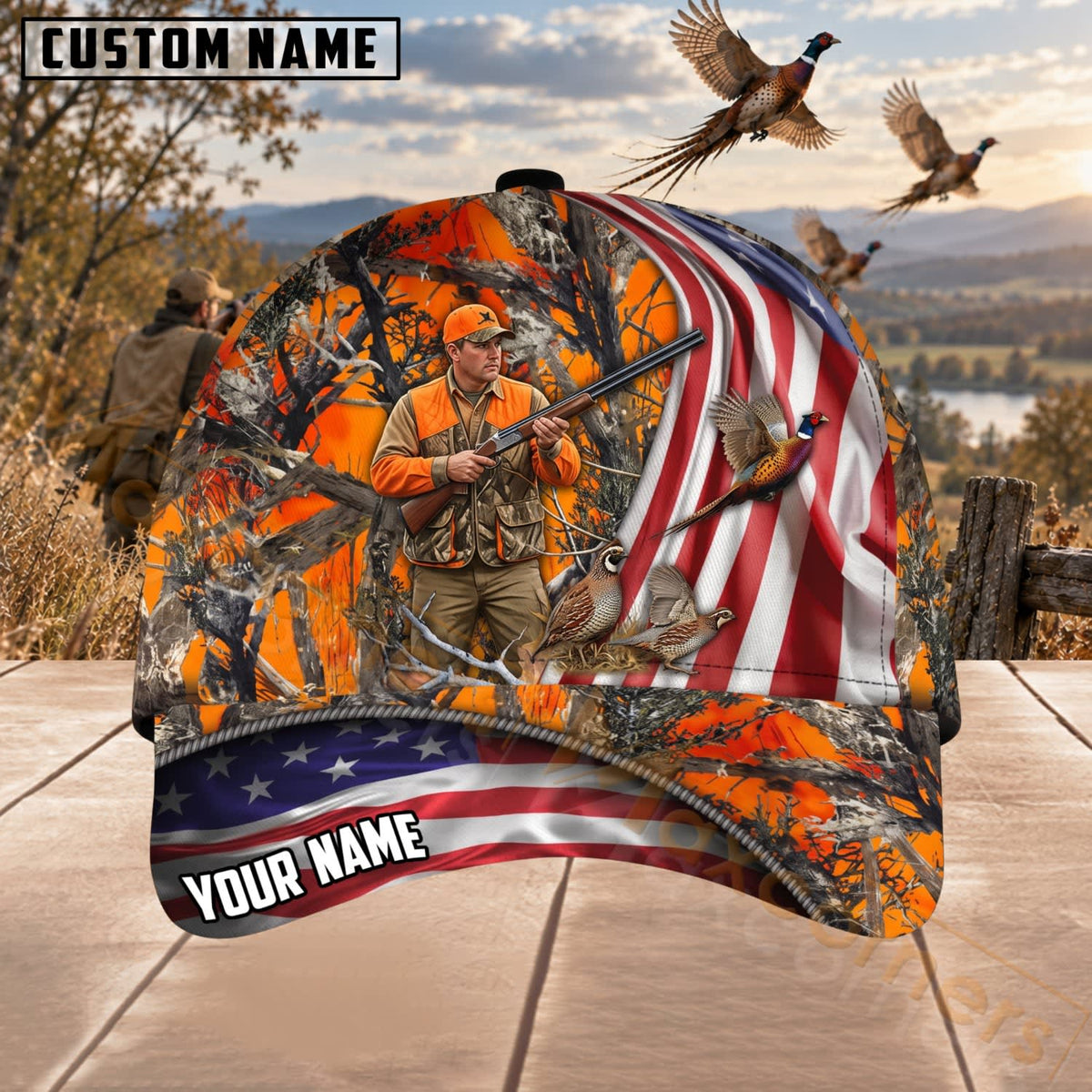Maxcorners Upland Bird Hunting Blaze Orange American Flag Pheasant Personalized Name 3D Cap