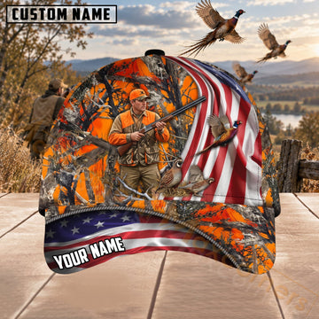 Maxcorners Upland Bird Hunting Blaze Orange American Flag Pheasant Personalized Name 3D Cap