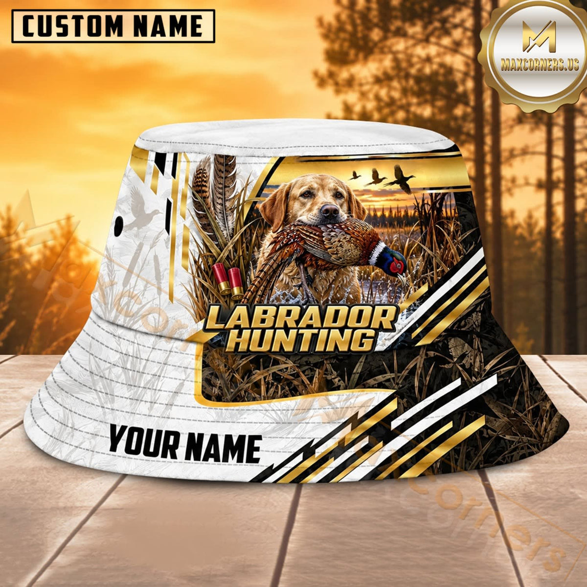Maxcorners Labrador Hunting White Gold Wilderness Personalized Name 3D Bucket Hat