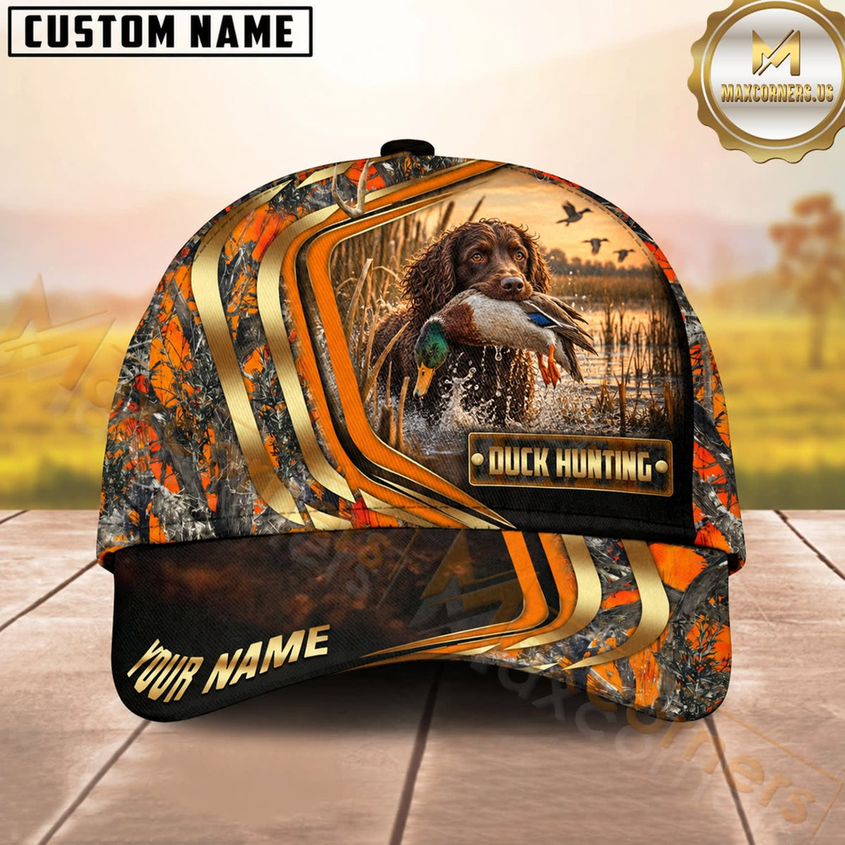 Maxcorners Dog Hunting And Duck Orange Camo Curved Stripe Marsh Scene Multiple Options Personalized Name 3D Cap