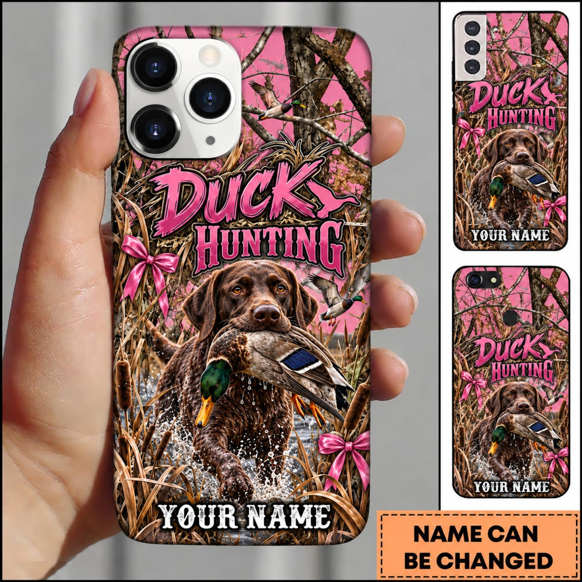 Maxcorners Duck Hunting German Wirehaired Pointer Pink Duck Hunting Graphic Personalized Name 3D Phone Case - Chocolate Labrador Retriever