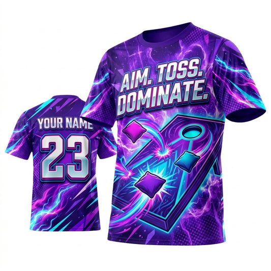Maxcorners Cornhole Aim Toss Dominate Electric Violet Personalized Name 3D Unisex Shirt