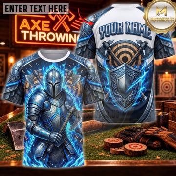 Maxcorners Axe Throwing Electric Blue Armored Warrior Personalized Name 3D Unisex Shirt