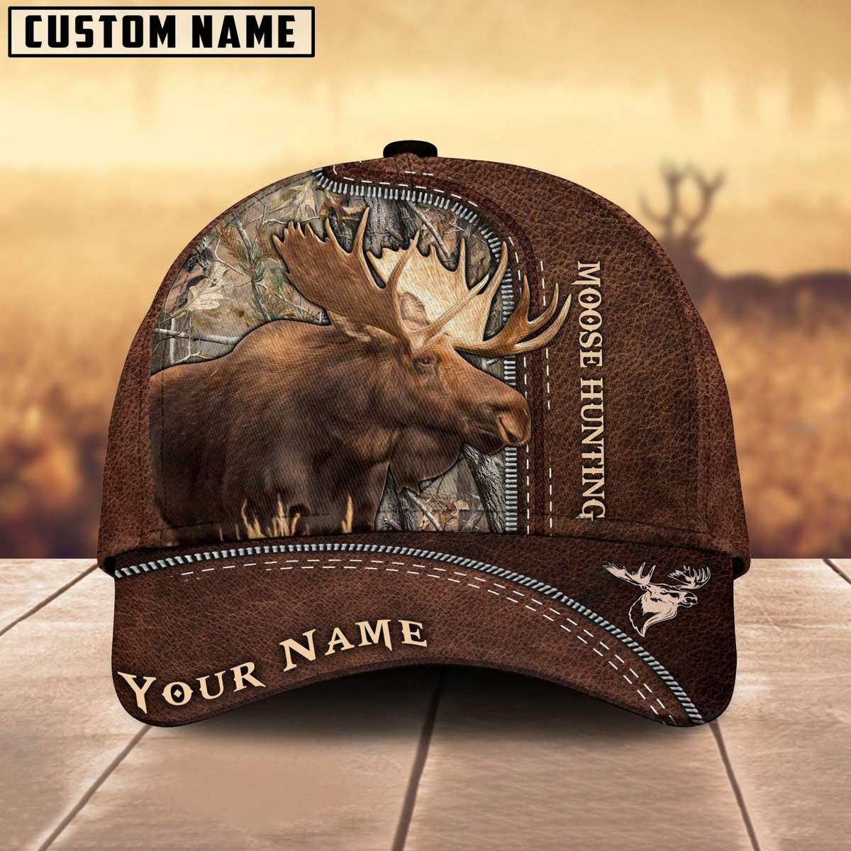 Maxcorners Moose Hunting Brown Leather Pattern Mutilcolored Personalized Name 3D Cap