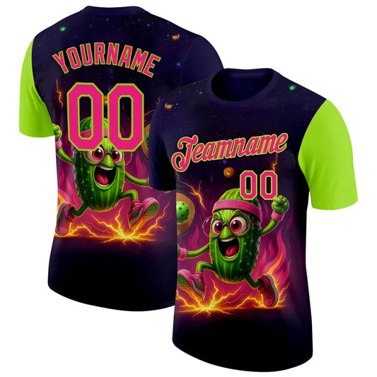 Maxcorners Crazy Running Pickle Mascot Neon Pink Lightning Fire Space Personalized Name 3D Unisex Shirt