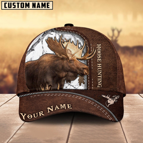 Maxcorners Moose Hunting Brown Leather Pattern Mutilcolored Personalized Name 3D Cap