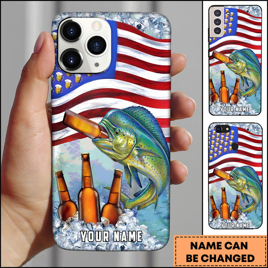 Maxcorners Mahi-mahi Fishing Phone Case American Flag Beer Bottles Fish Art Personalized Name 3D Phone Case
