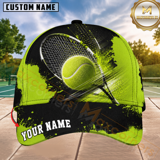 Maxcorners Tennis Neon Green Paint Splatter Racket Personalized Name 3D Cap