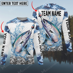 Maxcorners Salmon Fishing Water Blue Camo Personalized Name, Team Name 3D Long Sleeve Shirt