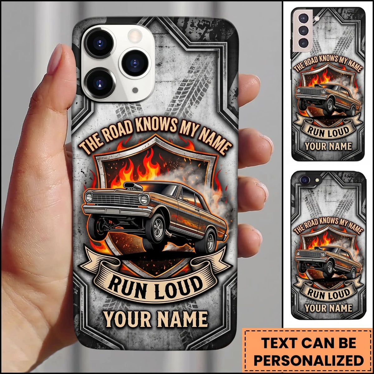 Maxcorners Hot Rod Orange Classic Car with Retro Garage Badge and Smoke Personalized Name 3D Phone Case