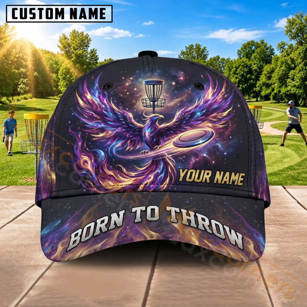 Maxcorners Disc Golf Purple Fire Flying Disc Born To Throw Personalized Name 3D Cap