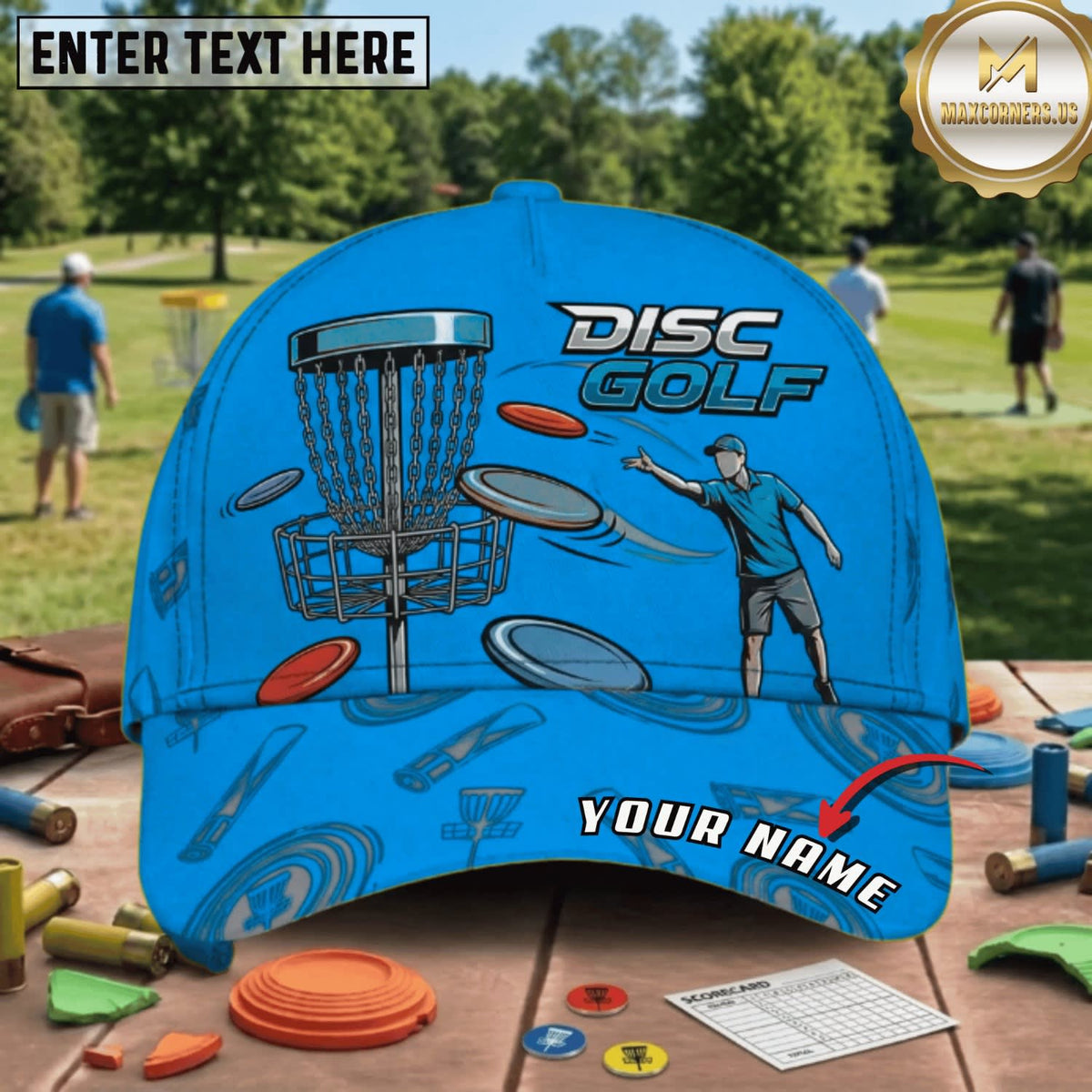 (7 Colors) Maxcorners Disc Golf Player Throwing Disc & Chain Basket Personalized Name 3D Cap LM3009