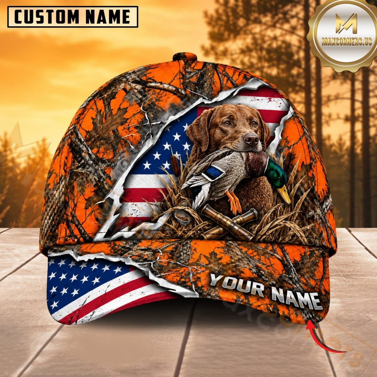 Maxcorners Dog Hunting And Duck Orange Woodland Camo American Flag Personalized Name 3D Cap