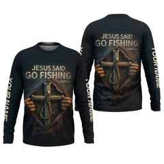 Maxcorners Jesus Said Go Fishing SPF Long Sleeve Shirts, Jesus Fishing Shirt, Fishing Shirts For Men, Fisherman Gift