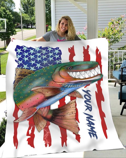 Maxcorners Trout fly fishing American flag funny rainbow trout ChipteeAmz's art custom name throw fleece blanket