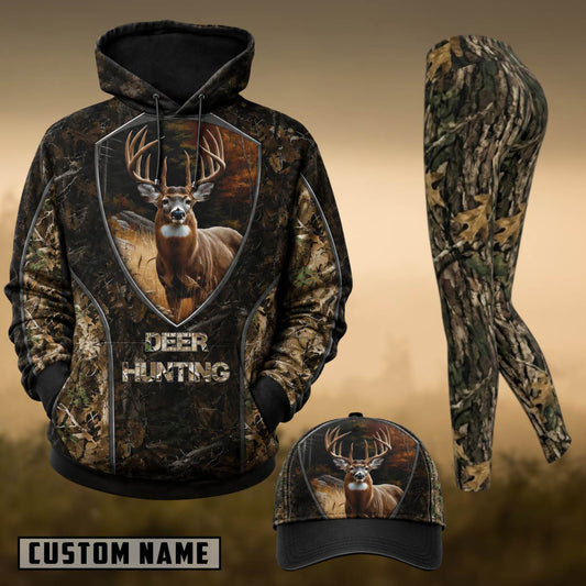 Maxcorners Hunting Whitetail Buck Shield Forest Camo 3D Combo Hoodie, Legging Set & Cap