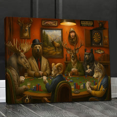 Maxcorners Animals Playing Poker Canvas Wall Art, Woodland Lodge Game Room Decor, Moose Bear Deer Wolf Card Night Poster