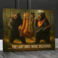 Maxcorners Funny Bear Hunting Canvas Wall Art - Hilarious Wilderness Scene with Hunter - Rustic Cabin and Lodge Decor