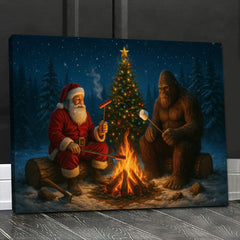 Maxcorners Santa & Bigfoot Sasquatch Campfire Christmas Canvas Wall Art, Funny Winter Forest Scene, Holiday Cabin Decor