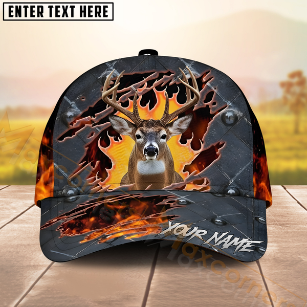 Maxcorners Deer Hunting Hat – Metal Flame with Metal Buck Emblem – Personalized Name 3D Hunting Cap