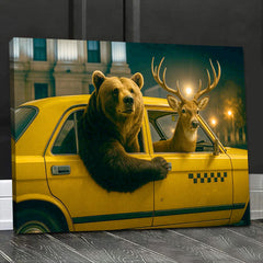 Maxcorners Bear & Deer Riding Yellow Taxi Canvas Wall Art, Funny Wildlife Driving Picture for Game Room & Cabin, Quirky Animal Car Print Decor