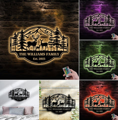 Maxcorners Personalized Deer Family Metal Sign WITH LED/WITHOUT LED - Rustic Cabin Wall Decor, Custom Name Hunting Lodge Sign LM0110