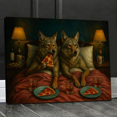 Maxcorners Whimsical Wolf Coyote Couple Pizza Night Canvas Wall Art – Cozy Bed Scene, Pepperoni Slice, Funny Animal Bedroom Decor