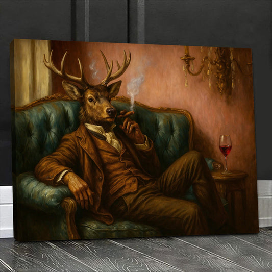 Maxcorners Deer Gentleman Canvas Wall Art – Dapper Buck in Suit on Teal Sofa, Vintage Lounge Portrait, Whimsical Animal Decor