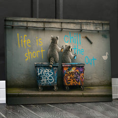 Maxcorners Funny Raccoon Graffiti Canvas Wall Art, Life Is Short Chill Out Street Art Poster, Quirky Animal Wall Decor Print