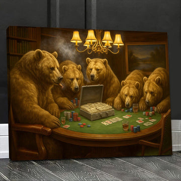 Maxcorners Bears Playing Poker Canvas Wall Art, Funny Casino Game Room Decor, Wildlife Bear Poker Table Print