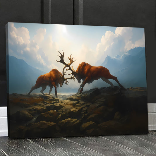 Maxcorners Fighting Stags Canvas Wall Art, Locking Antlers Mountain Scene, Rustic Cabin Hunting Decor