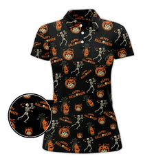 Maxcorners Pattern Golf Shirt, Halloween Skeleton With Pumpkin Golf Polos, Funny Golf Shirt For Men