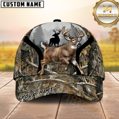 Maxcorners Hunting Jumping Deer Grey Forest Camo Panel Custom Name 3D Cap