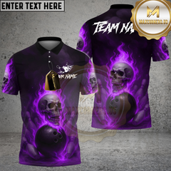 Maxcorners Bowling And Pins Fire Skull Lane Streetwear Customized Name, Team Name 3D Shirt Purple TU0207