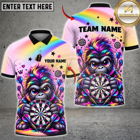 Maxcorners Darts Cute Gorilla Mascot Rainbow Waves Target Board Graphic Customized Name, Team Name 3D Shirts