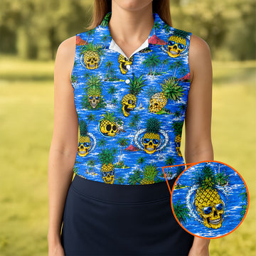 Maxcorners Pineapple Skull Golf Shirt, Tropical Island Volcano Pattern, Golf Shirt For Women LM1507