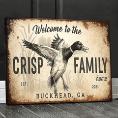 Maxcorners Personalized Duck Family Home Canvas Sign, Custom Last Name Welcome Wall Art, Rustic Farmhouse Duck Hunting Decor