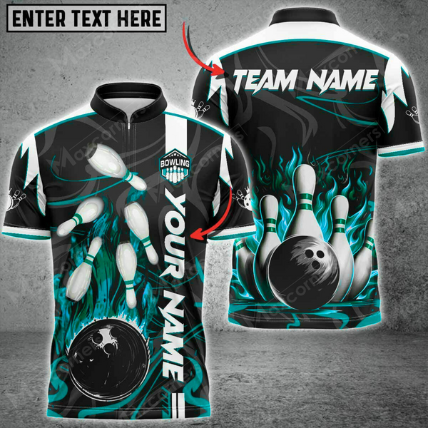 Maxcorners Flaming Strike Bowling Jersey Multicolor Option Customized Name, Team Name 3D Zipper Polo Shirt