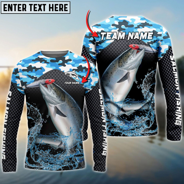 Maxcorners Salmon Fishing Blue Camo Sport Personalized Name, Team Name 3D Long Sleeve Shirt